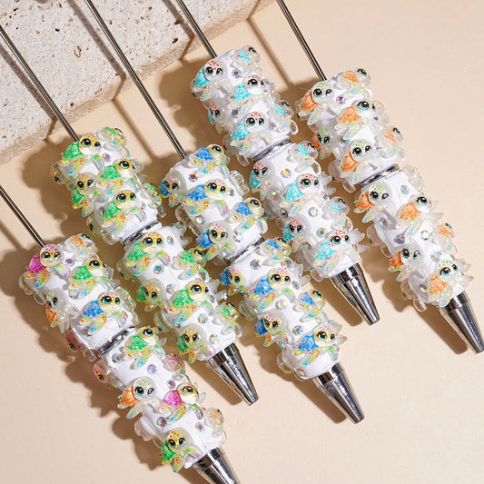 Cute Colorful Baby Turtle Character Beadable Clay Pens with Rhinestone Details, Multi-Color Random Mix