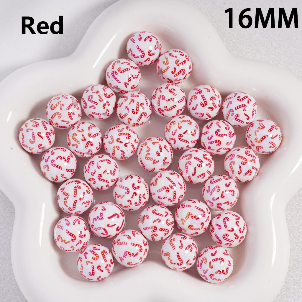 UV Coated Christmas Series Red & Green on White Candy Cane Print Acrylic Beads 16MM (Single Color is available for 200pcs(Whole Bag) Only)