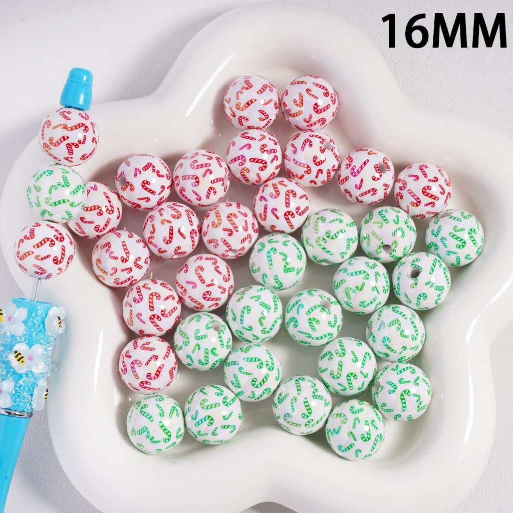 UV Coated Christmas Series Red & Green on White Candy Cane Print Acrylic Beads 16MM (Single Color is available for 200pcs(Whole Bag) Only)