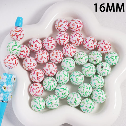 UV Coated Christmas Series Red & Green on White Candy Cane Print Acrylic Beads 16MM (Single Color is available for 200pcs(Whole Bag) Only)