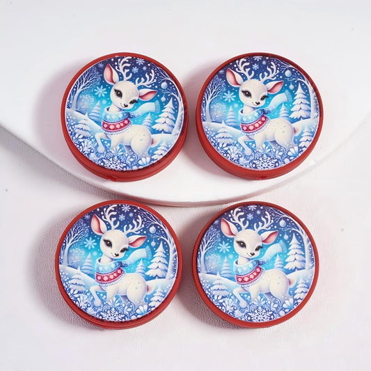 Cute Christmas Reindeer with Scarf, Red Flat Round Shape Silicone Focal Beads