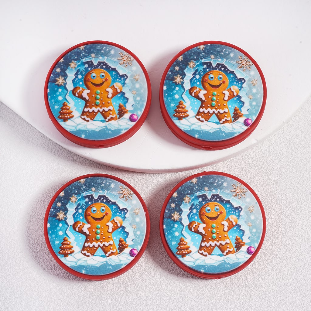 Snowbound Laughing Gingerbread Man, Flat Round Christmas Shape Silicone Focal Beads