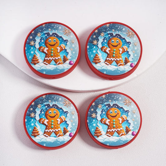 Snowbound Laughing Gingerbread Man, Flat Round Christmas Shape Silicone Focal Beads