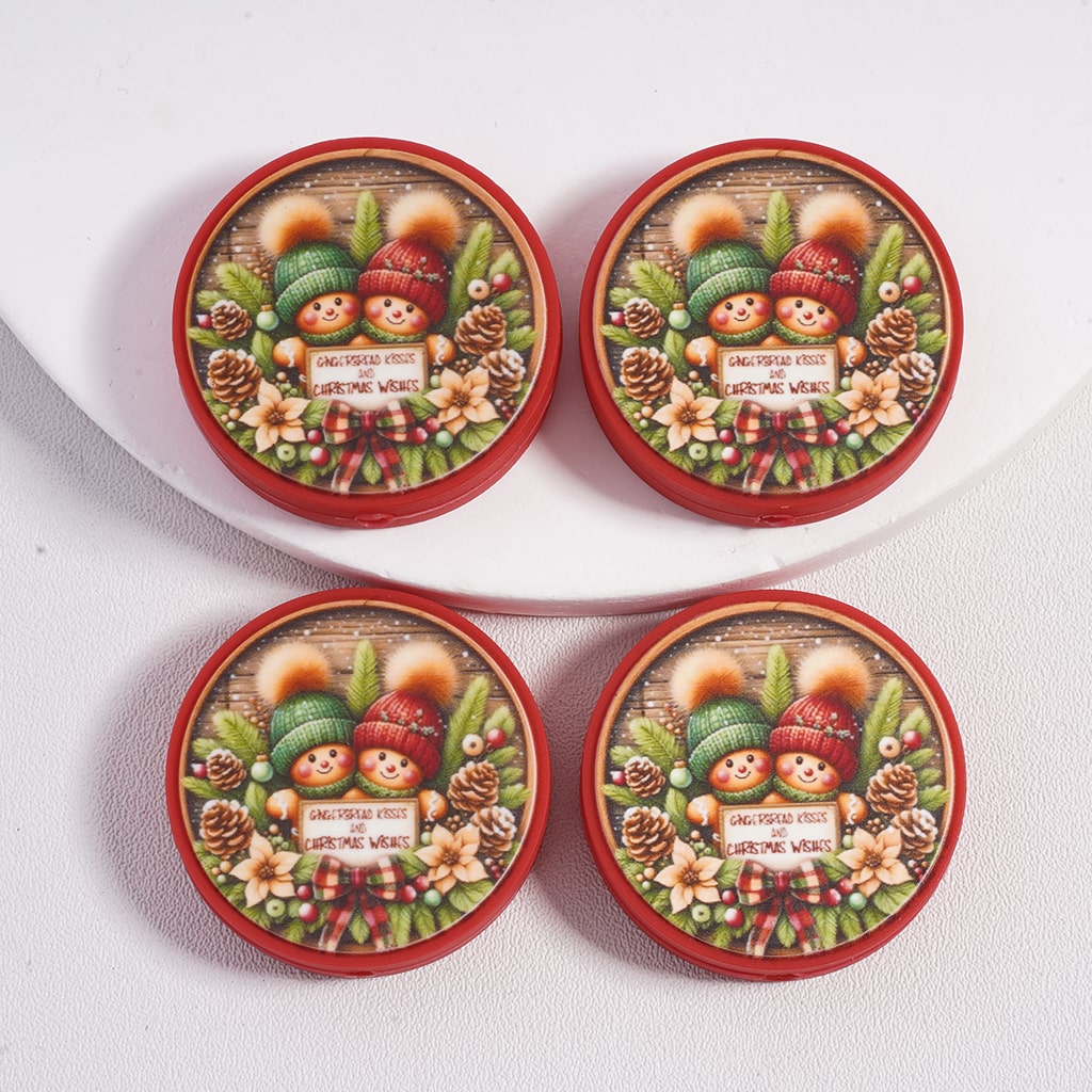Christmas Gingerbread, Wishes, Snowmen & Pinecone Flat Round Design Silicone Focal Beads