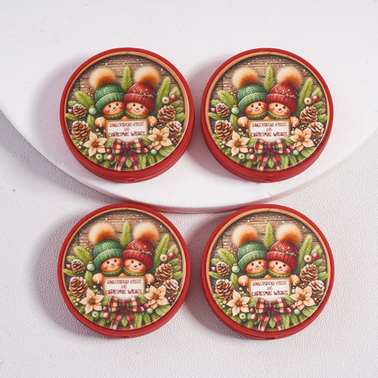 Christmas Gingerbread, Wishes, Snowmen & Pinecone Flat Round Design Silicone Focal Beads
