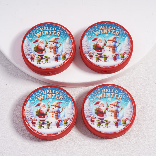 Hello Winter Wonderland Santa Claus & Elves Build A Snowman Christmas Theam Red Flat Round Silicone Focal Beads