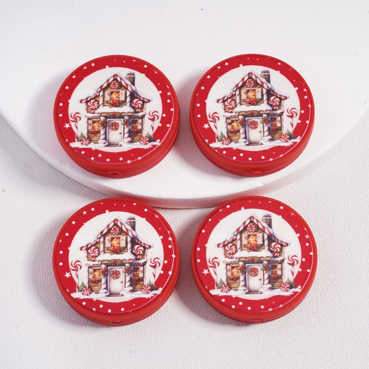 Holiday Style Sweet Snowbound Frosty Candy House Print Flat Round Red Color Silicone Focal Beads