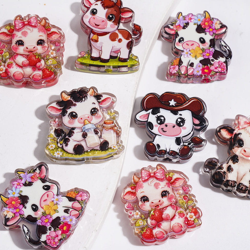 Playful Cow Character in Assorted Farm-Themed Patterns, Semi-Clear Acrylic Beads, Random Mix