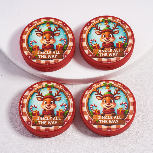 Holiday Christmas Cheer Reindeer WIth Gifts & Sleigh Bells Flat Round Silicone Focal Bead
