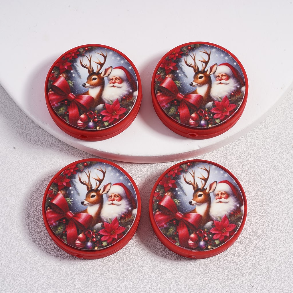 Red Bowtie Santa & Reindeer Sleigh Red Bowtie Sleigh Bells Christmas Flat Round Silicone Focal Bead