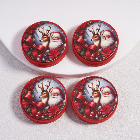 Red Bowtie Santa & Reindeer Sleigh Red Bowtie Sleigh Bells Christmas Flat Round Silicone Focal Bead