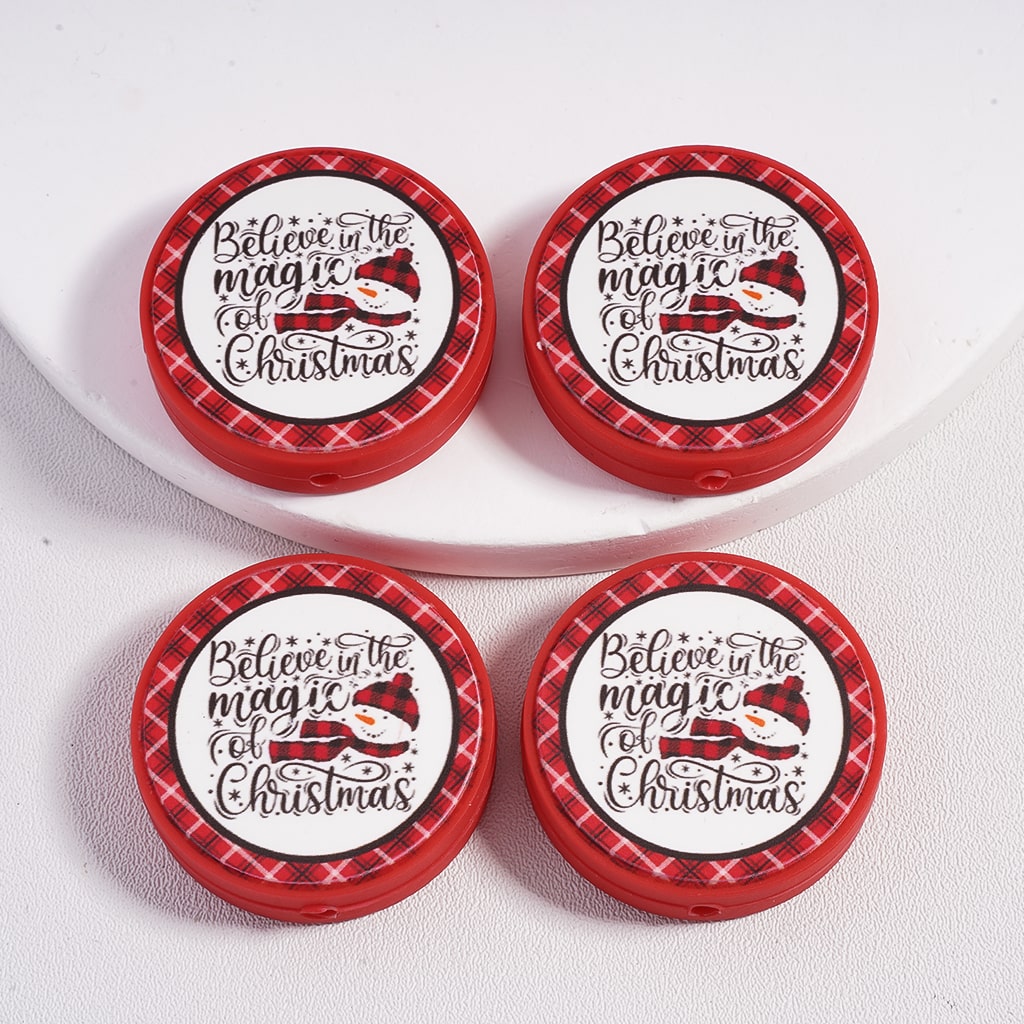 Believe in the Magic of Christmas with Red Plaid Border, Flat Round Shape Silicone Focal Beads