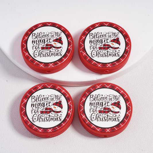 Believe in the Magic of Christmas with Red Plaid Border, Flat Round Shape Silicone Focal Beads
