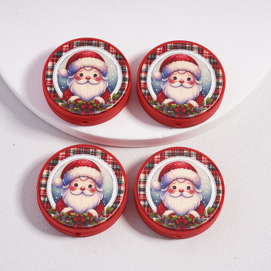 Cute Santa Holding Christmas Wreath, Flat Round Shape Silicone Focal Beads