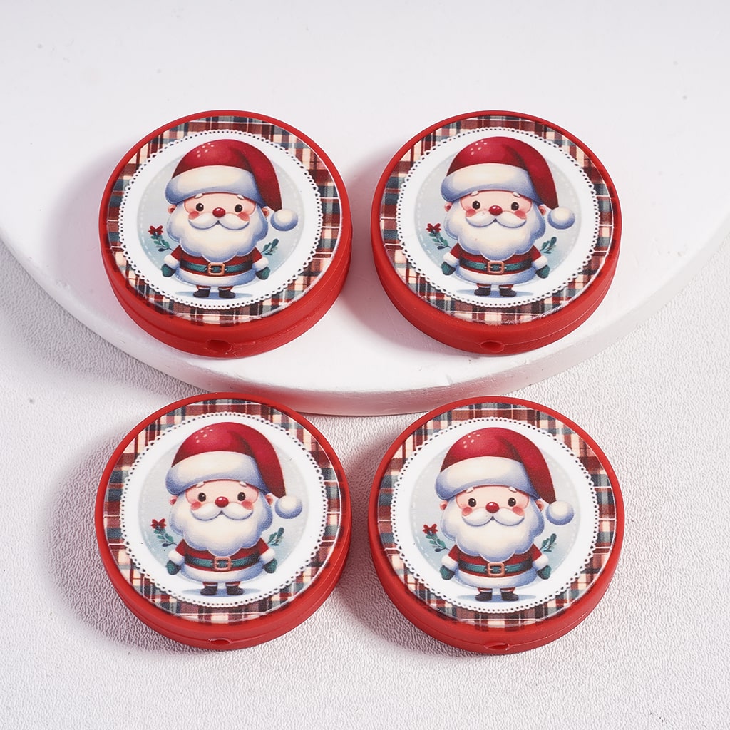 Christmas Santa Claus with Red Hat, Flower & Leaves Red Flat Round Silicone Focal Bead