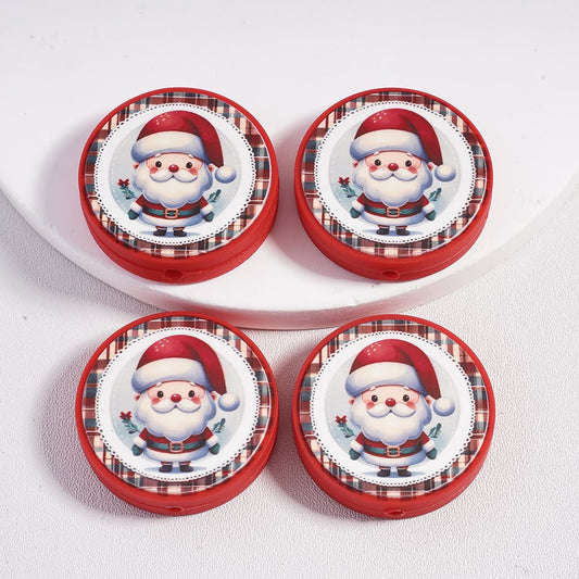 Christmas Santa Claus with Red Hat, Flower & Leaves Red Flat Round Silicone Focal Bead