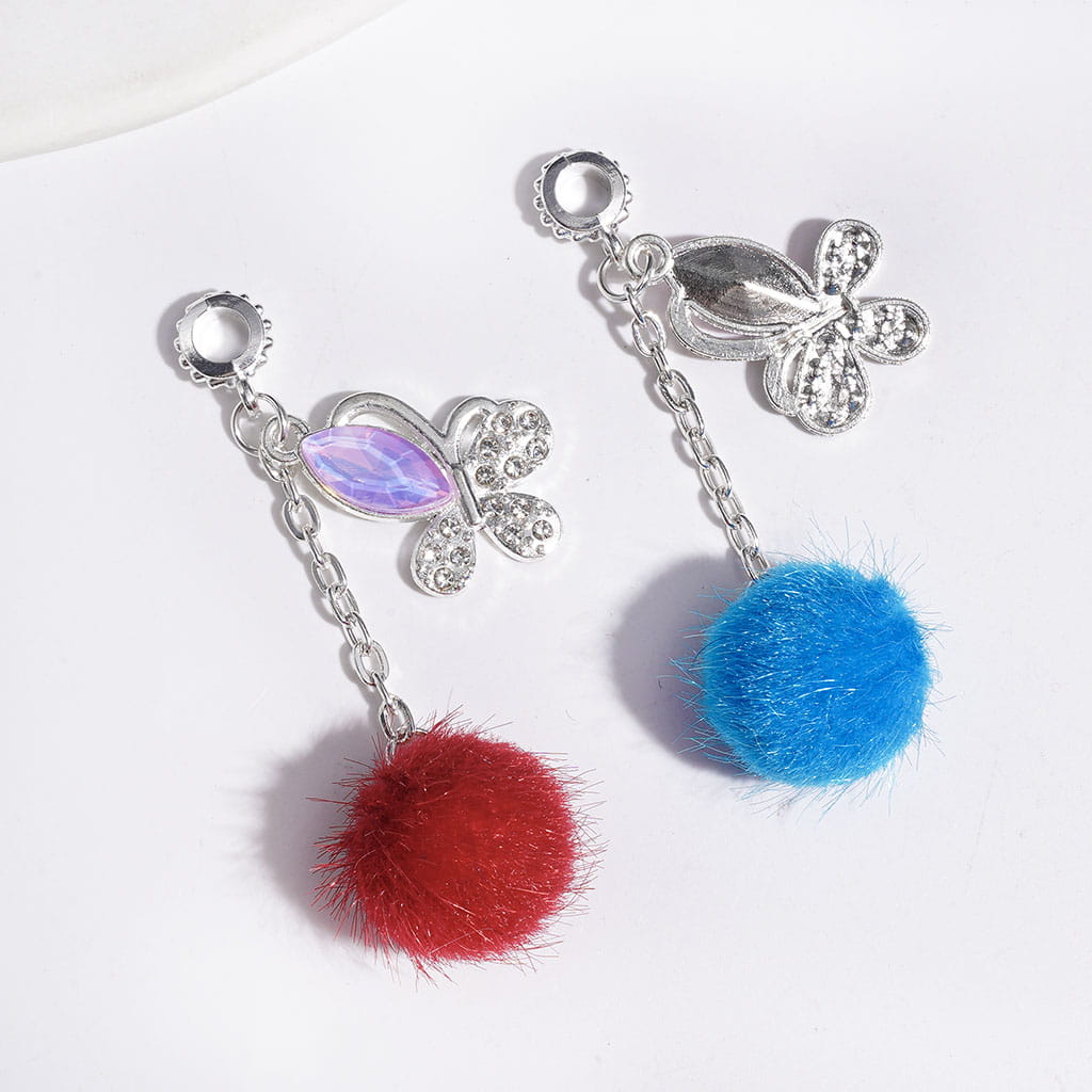 Alloy Bail Beads with Butterfly & Marquise Cut Crystal, Flocked Fluffy  Ball Charm Pendants, Multi-Color, Random Mix