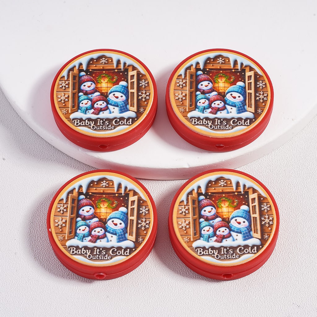 Silicone Focal Beads Cute Snowman Family Baby It's Cold Outside, Red Flat Round Shape