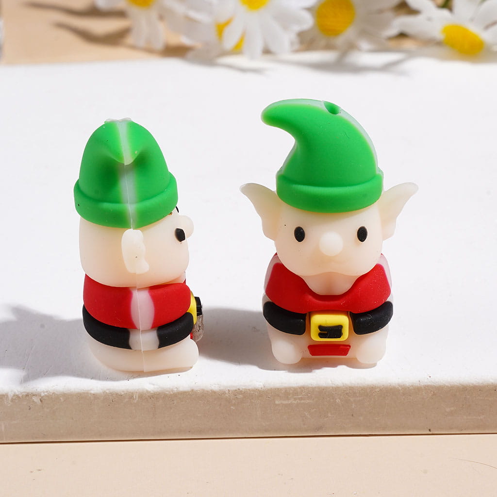 3D Gnome Elf Character Wearing Santa Hat Silicone Focal Beads, Multi-Color