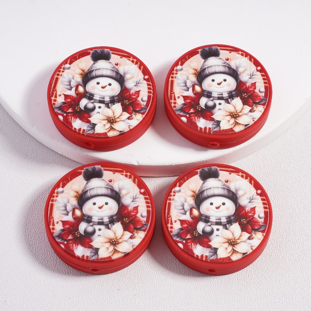 Cute Snowman & Flower Red Flat Round Silicone Focal Beads