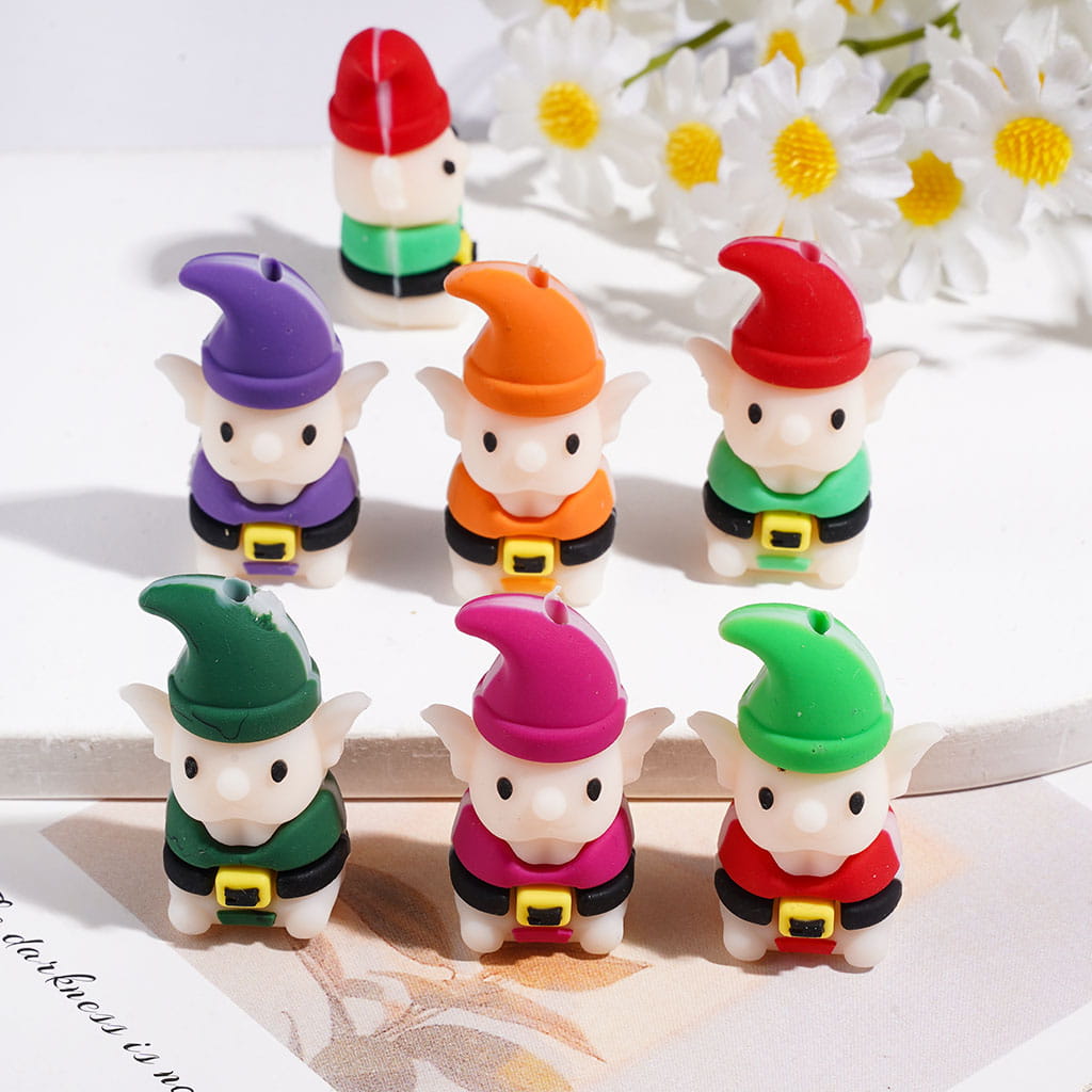 3D Gnome Elf Character Wearing Santa Hat Silicone Focal Beads, Multi-Color