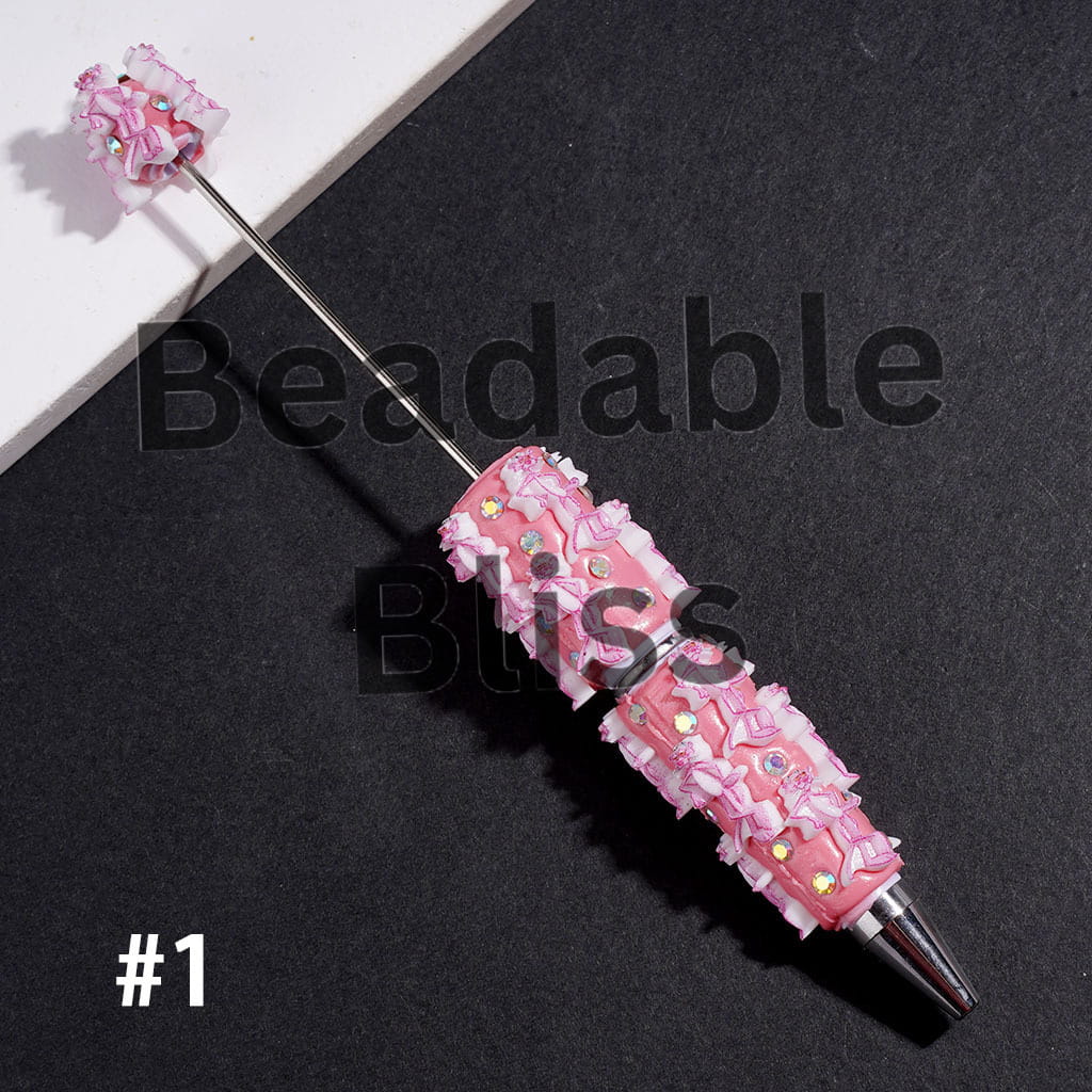 Beadable Clay Pens Pink Leopard Series and AB Rhinestones on Pink Background