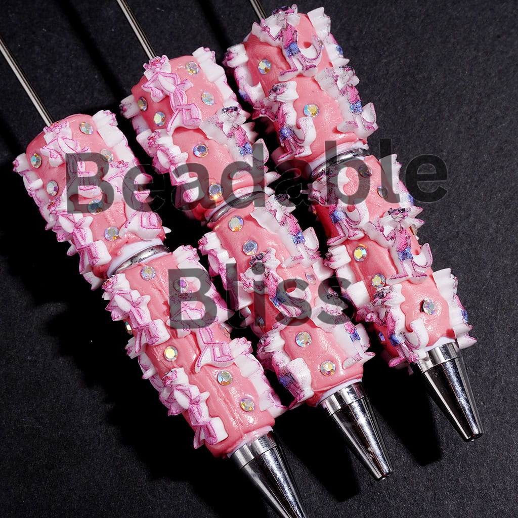 Beadable Clay Pens Pink Leopard Series and AB Rhinestones on Pink Background