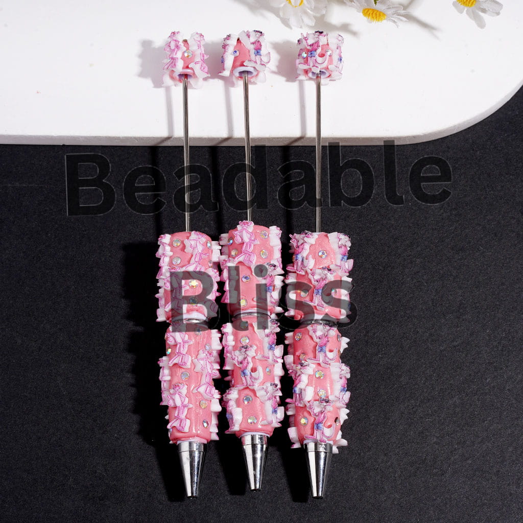 Beadable Clay Pens Pink Leopard Series and AB Rhinestones on Pink Background