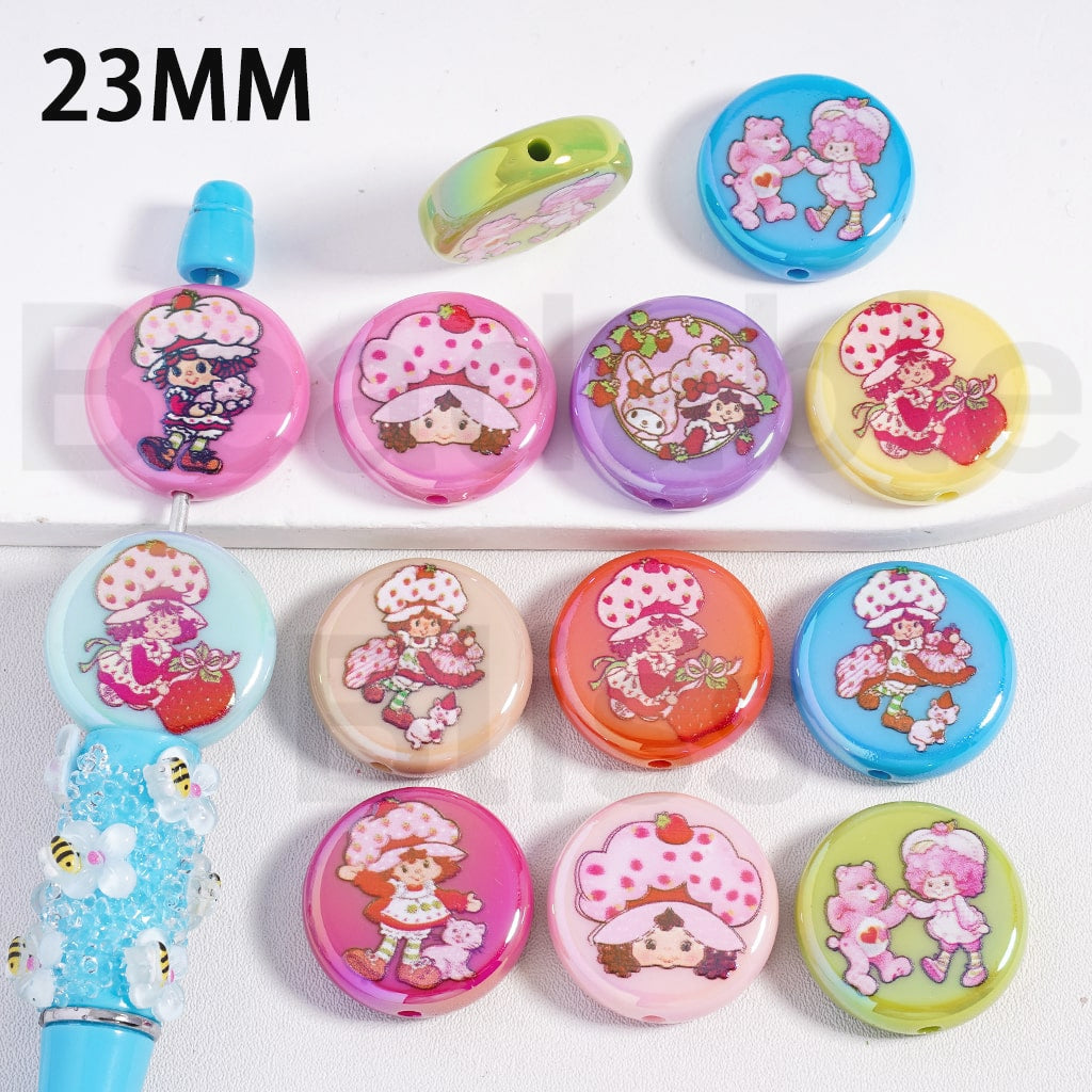 Acrylic Beads UV Coating Cute Berry Girl Series, Flat Round Shape, Multi-Color, 23MM, Random Mix
