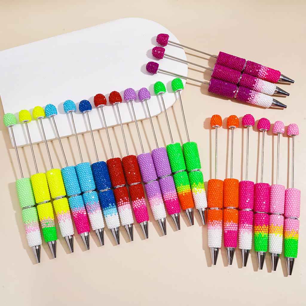 Beadable Clay Pens with Bling Bling Fluorescent Colors Rhinestones Covered the Entire Pens, Three Layer Rhinestones