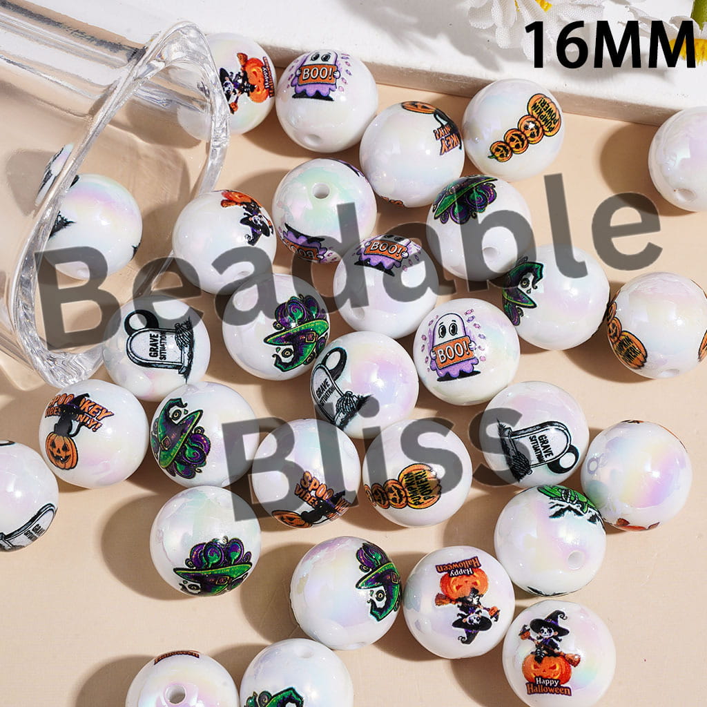 16MM - Pumpkin Witch Hat Ghost Tombstone UV-Coated Acrylic Beads for Bracelets, Halloween Theme, Random Mix