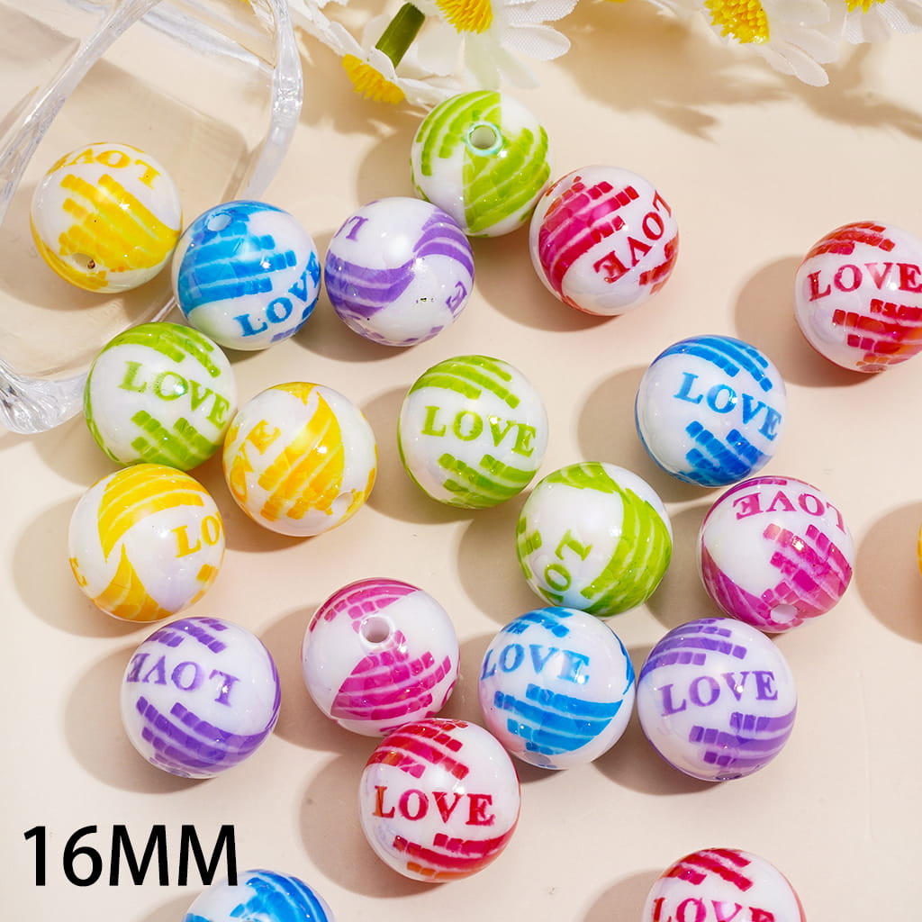 Acrylic Beads for Bracelets UV Coating with Valentine's Day Text "LOVE" and Striped Wings, 16MM, Random Mix