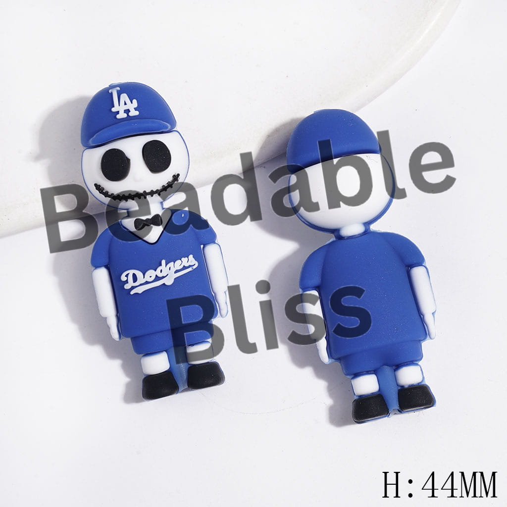 Silicone Focal Beads 3D Skull Skeleton Couple Character with Blue Sports Hat & Jersey Set, LA Baseball Team