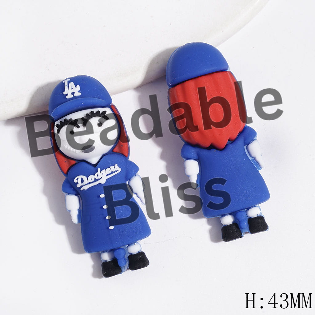 Silicone Focal Beads 3D Skull Skeleton Couple Character with Blue Sports Hat & Jersey Set, LA Baseball Team