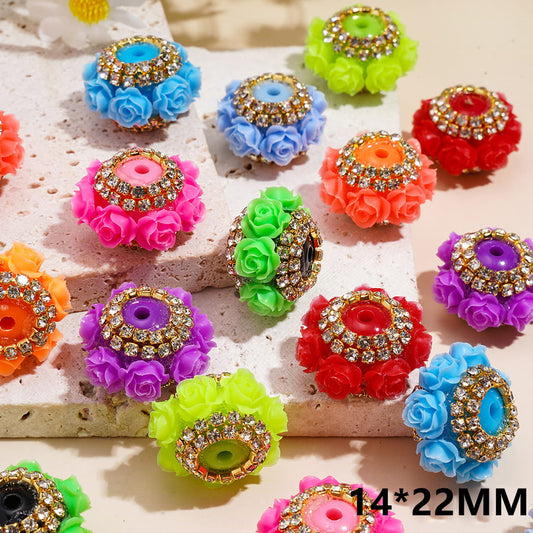 Rose Flower with Gold Alloy Chains & Rhinestones Round Handmade Acrylic Beads 14*22MM Random Mix