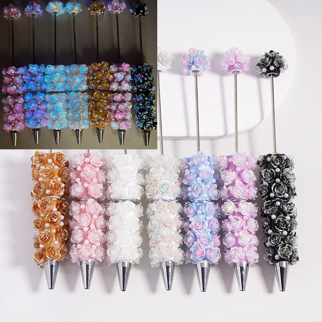 Luminous Colorful Mini Glitter Flower with White Pearls Beadable Clay Pen Random Mix