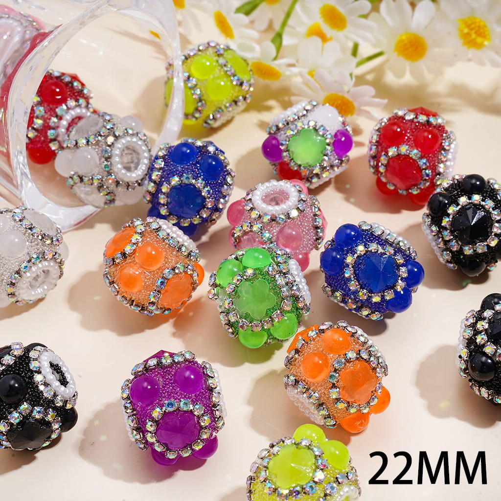 Handcrafted Acrylic Beads w Flowers and Half-Shell Round Rhinestones, Gun Black Alloy Chains w AB Rhinestones, 22MM, Neon, Random Mix