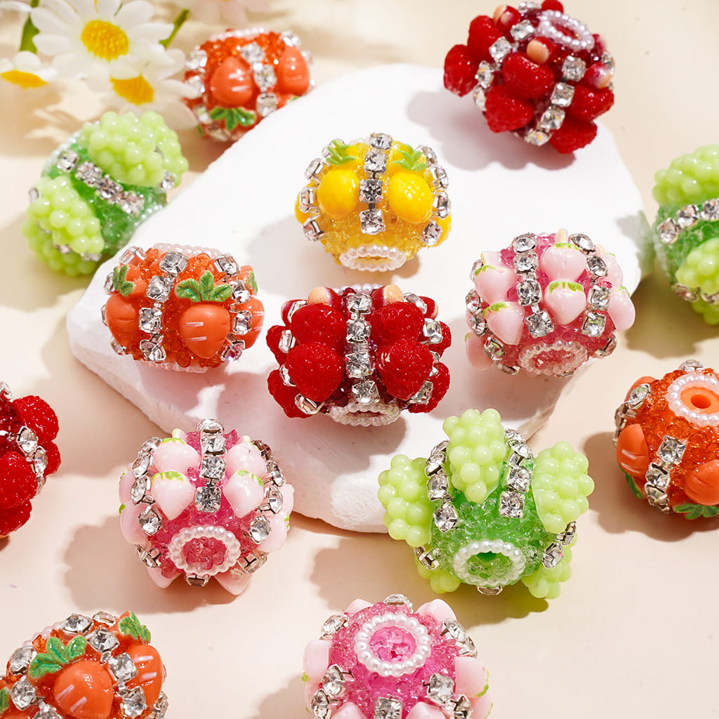 Hand-Made Acrylic Sugar Beads with Fruit Series and Clear Rhinestones in Silver Claw Setting, White Pearls Chains, Random Mix