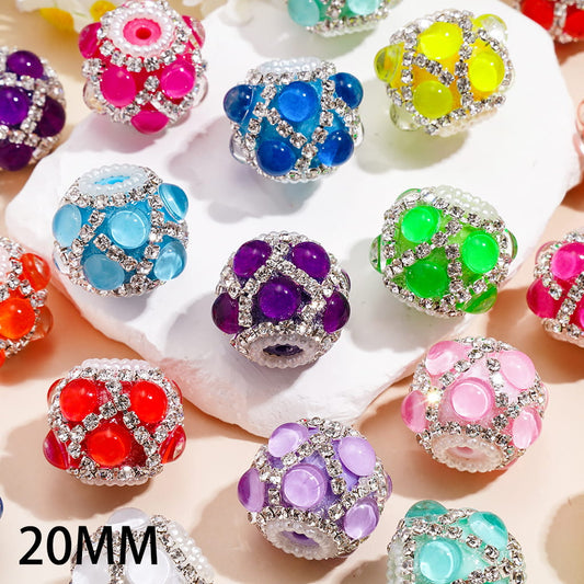 V-Shaped Crystal Chains & White Pearl with Neon Half-Face Rhinestones Round Handcrafted Acrylic Beads 20MM, Random Mix
