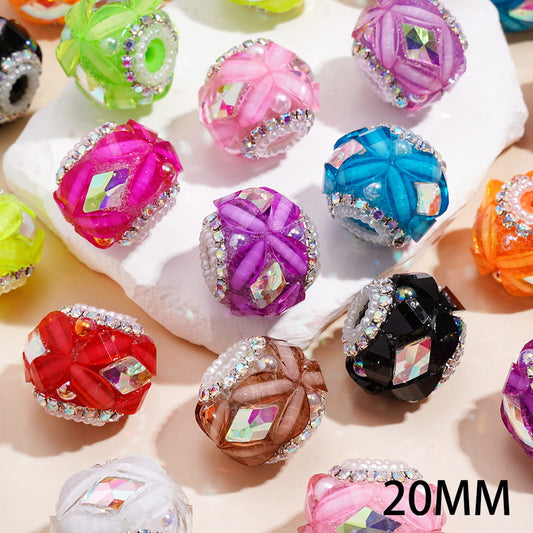 UV Coating Four Leaves & Iridescent Diamond Shaped Rhinestones, Half Face Pearls, AB Rhinestone & White Pearl Chains, Handmade Acrylic Beads 20MM, Neon, Random Mix