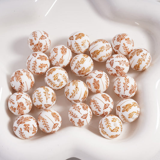Featuring Golden Tree Leaves Print White Round Silicone Beads 15mm Z-00306