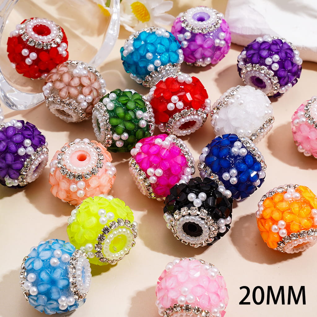 Handmade Acrylic Beads w Flowers and White Pearls, Clear Rhinestone and White pearl Loop, 20MM, Neon, Random Mix