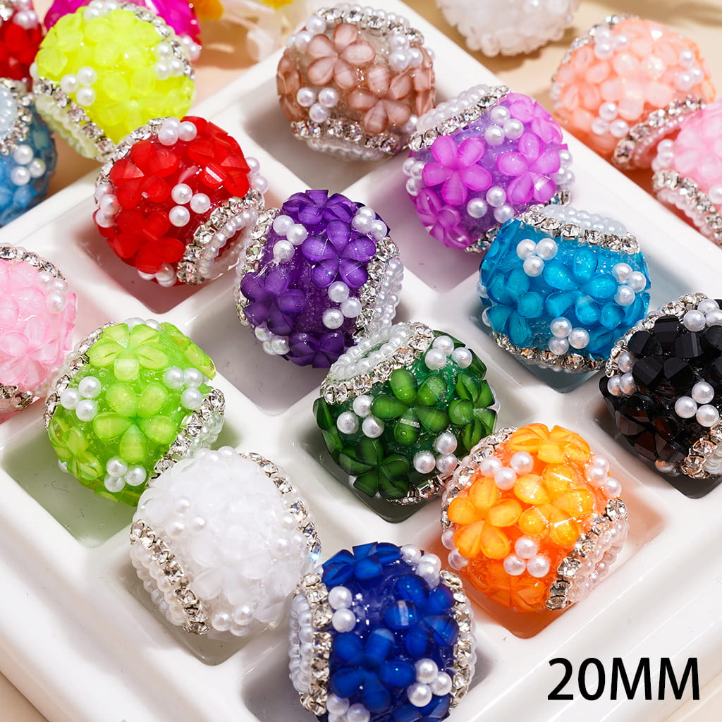 Handmade Acrylic Beads w Flowers and White Pearls, Clear Rhinestone and White pearl Loop, 20MM, Neon, Random Mix