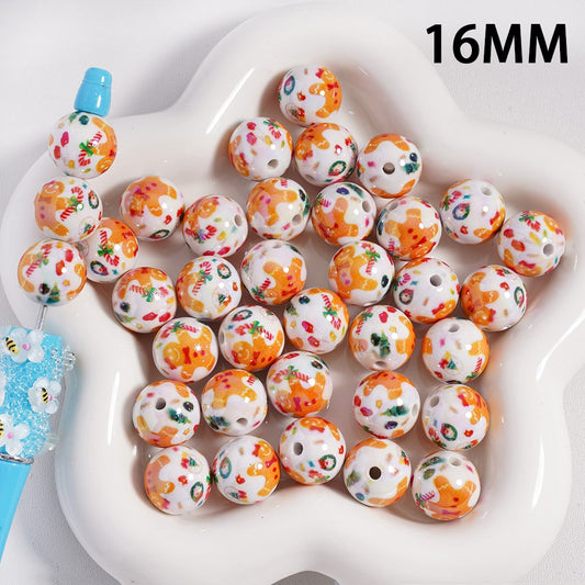 Cute Christmas Gingerbread Man Colorful Print on White Round Acrylic Beads 16MM