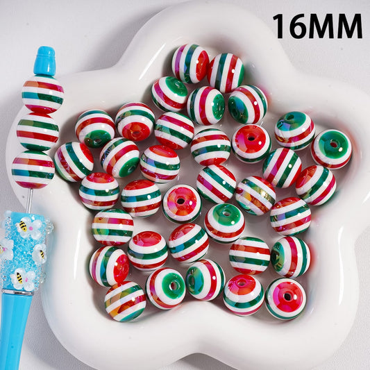 UV Coating Christmas Series Red & Green Stripes White Color Round Acrylic Beads 16MM, Random Mix