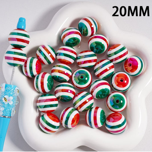 UV Coated White with Red & Green Christmas Stripe Design Round Acrylic Beads 20mm