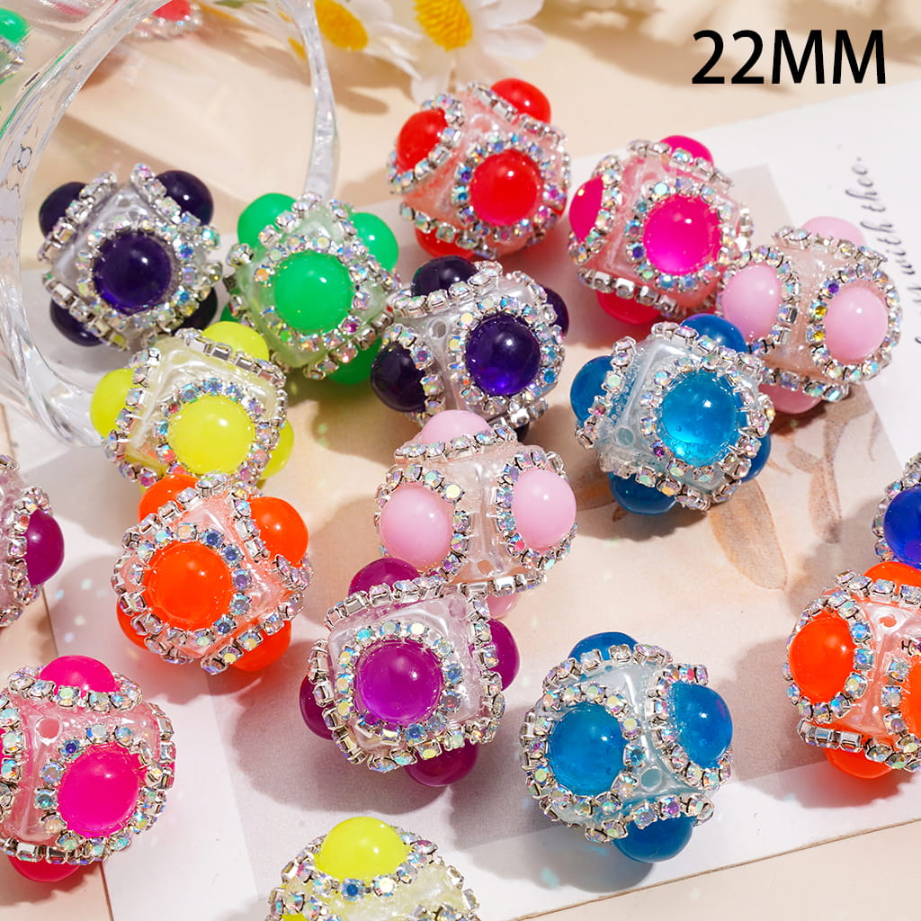 Hand-Made Cube Square Shape Acrylic Beads with Half Faced Round Rhinestones & AB Rhinestone Chains, 22MM, Fluorescence, Random Mix