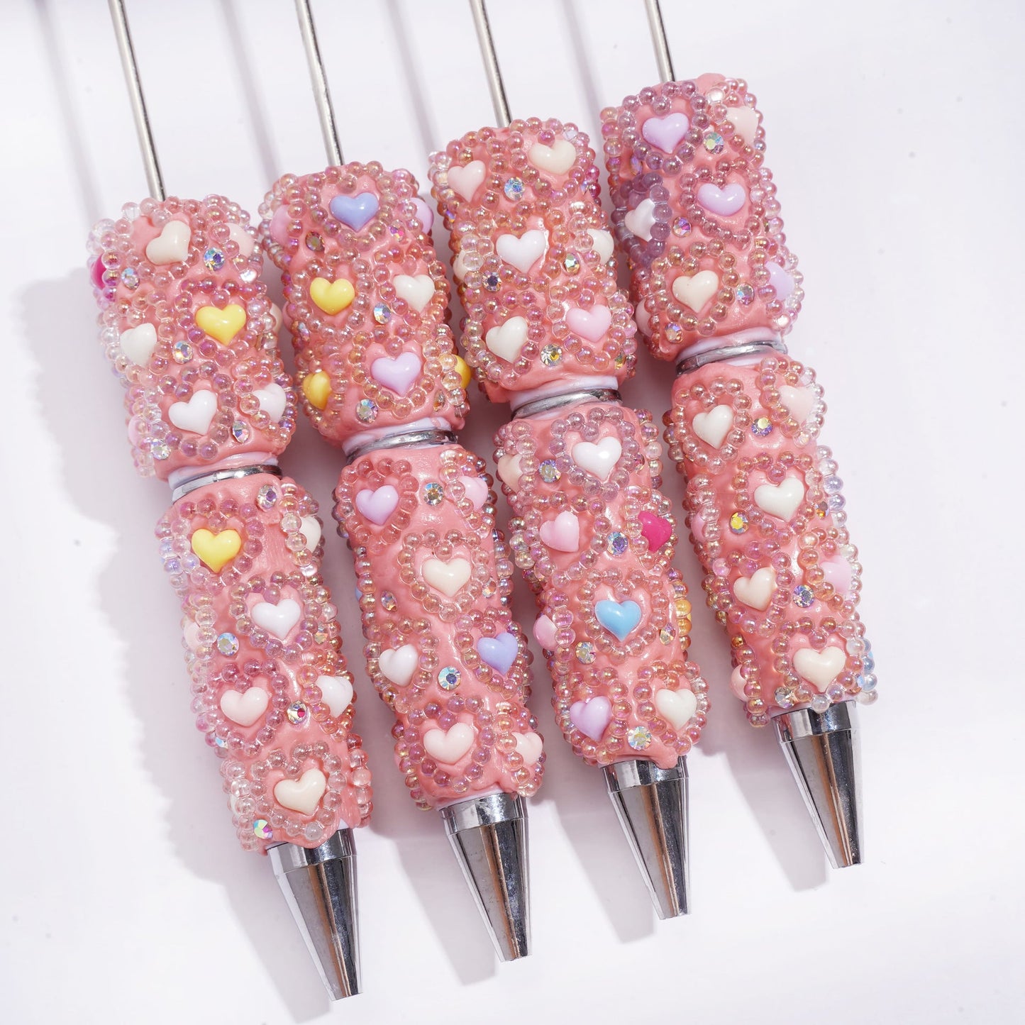 UV Coated Macaron Colors Hearts Pearl Spacers & AB Rhinestone Pink Beadable Clay Pens