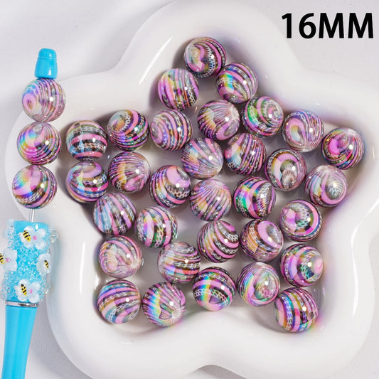 UV Coating Dazzling Purple & Brown Stripe Pattern Round Acrylic Beads 16MM