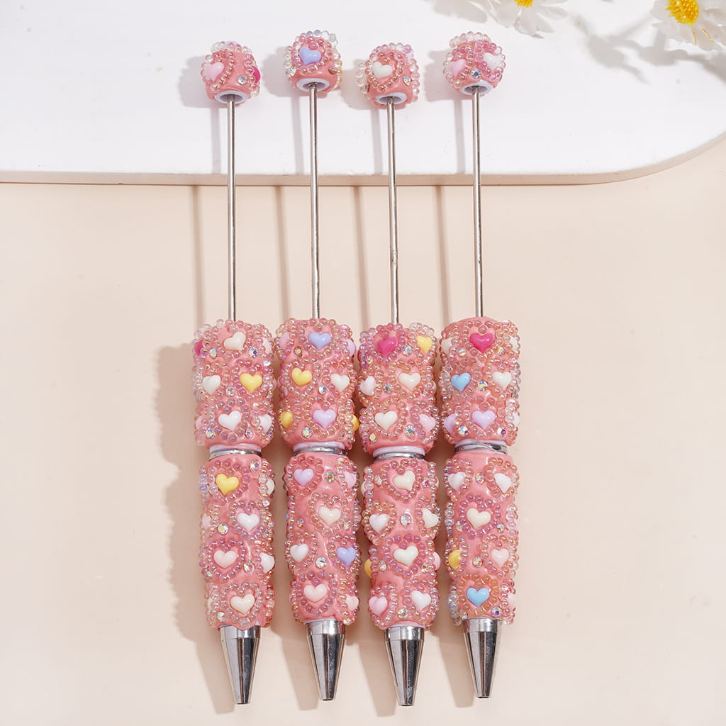 UV Coated Macaron Colors Hearts Pearl Spacers & AB Rhinestone Pink Beadable Clay Pens